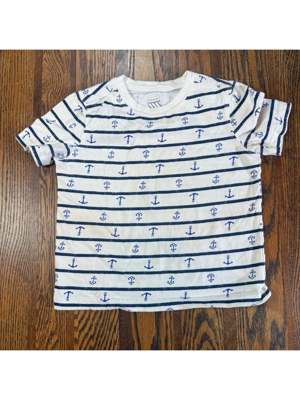 Old Navy Boys Short Sleeve T-Shirt White Blue Striped Anchor Nautical Size 3T